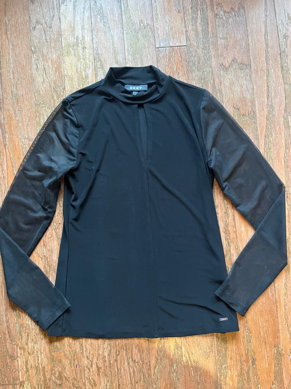 DKNY Black Mock Neck Mesh Long Sleeve Keyhole Top - Size Small